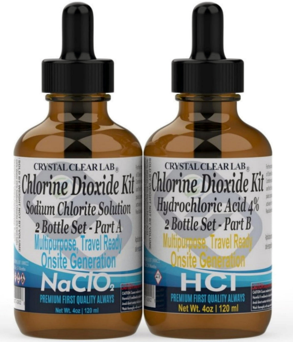 Two bottles of Crystal Clear Lab Chlorine Dioxide Kit on a white background
