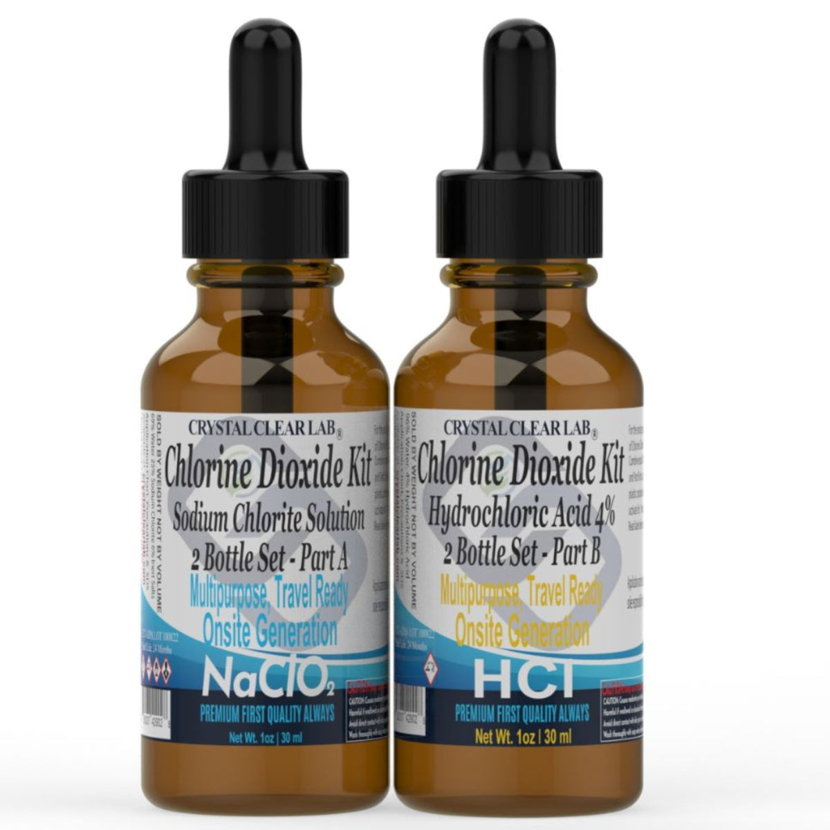 Two amber glass dropper bottles of Crystal Clear Lab Chlorine Dioxide Kit, one labeled Sodium Chlorite Solution Part A and the other Hydrochloric Acid 4% Part B, on a white background.