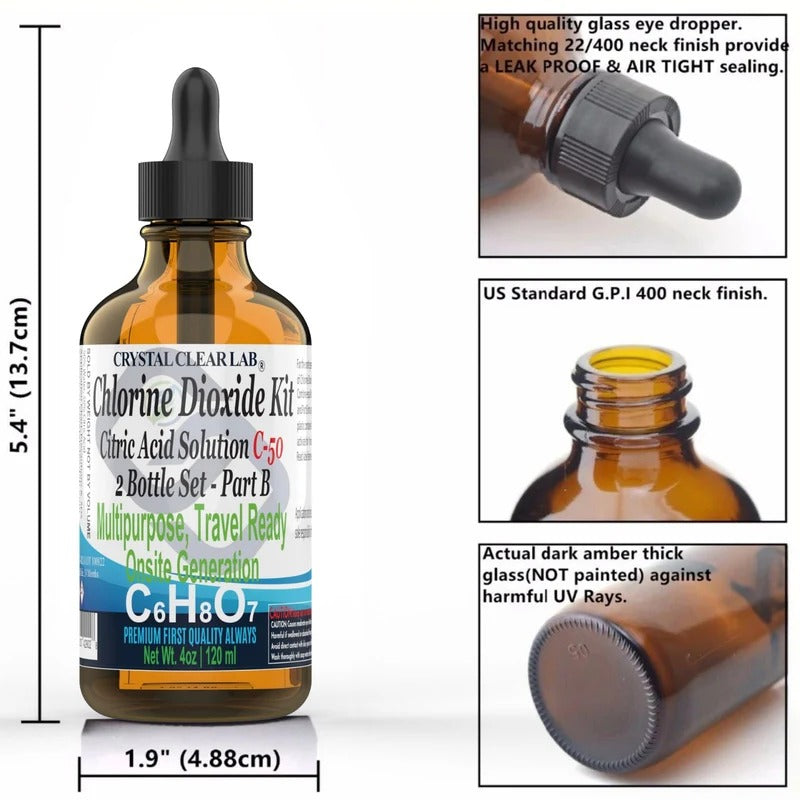 2oz | Chlorine Dioxide Kit 2 Part Citric Acid & Sodium Solution 1:1 Classic Set