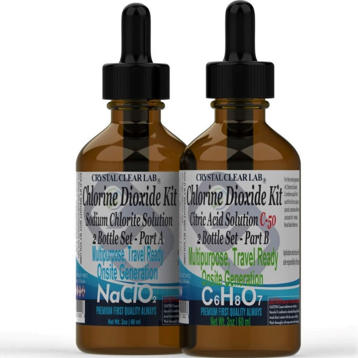 Two brown amber glass bottles with white dropper caps labeled as 'Chlorine Dioxide Kit' with additional text indicating the product contents and usage information.