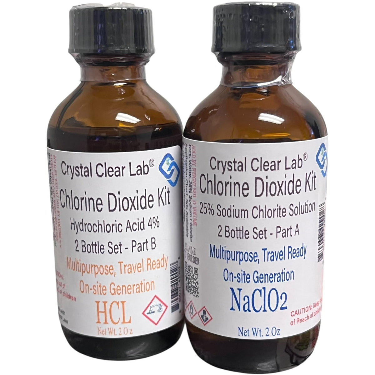 Two bottles of Crystal Clear Lab Chlorine Dioxide Kit on a white background