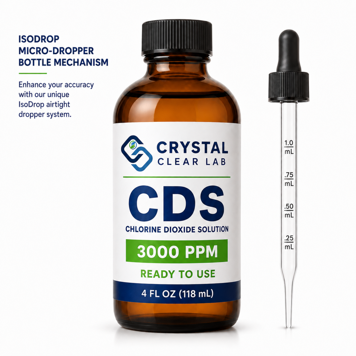 Crystal Clear Lab CDS Chlorine Dioxide Solution 3000 PPM in a 4 fl oz amber bottle, shown next to a clear glass dropper with black measurement markings on a white background.