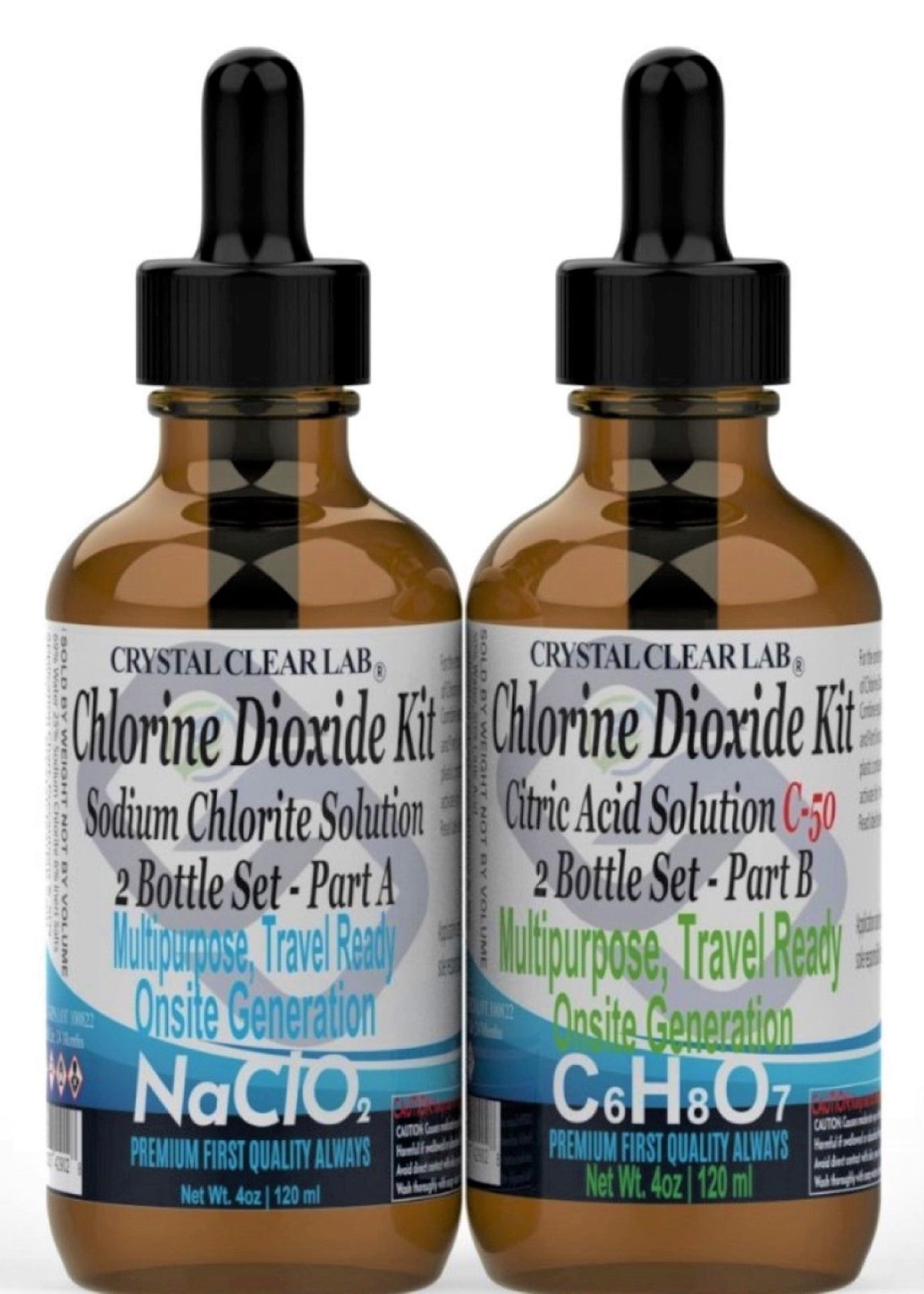 Crystal Clear Chlorine Dioxide Kit w/ Citric Acid Solution, Large 4 Ounce Set ( 2 Bottle )
