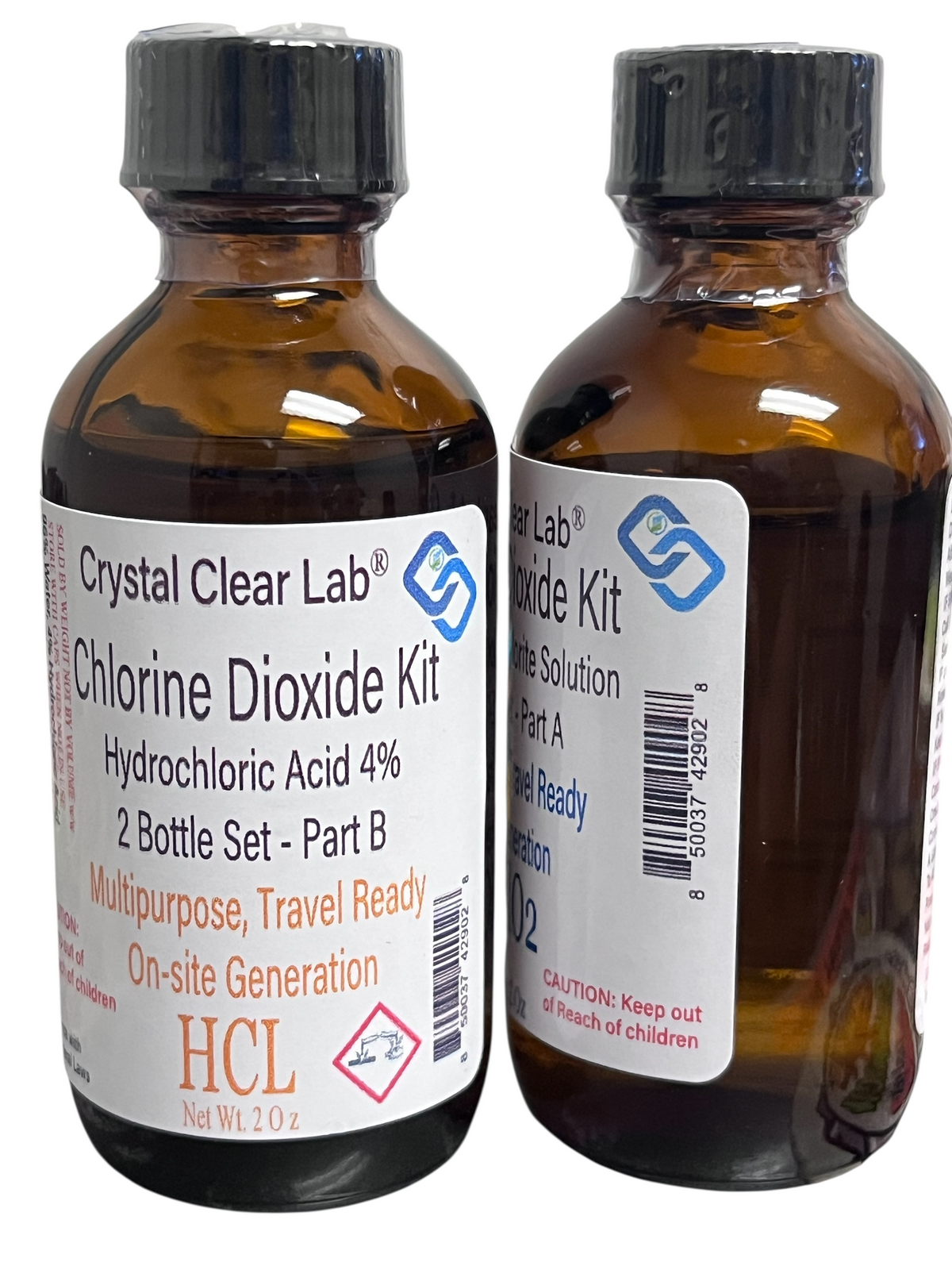 Two bottles of Crystal Clear Lab Chlorine Dioxide Kit on a white background