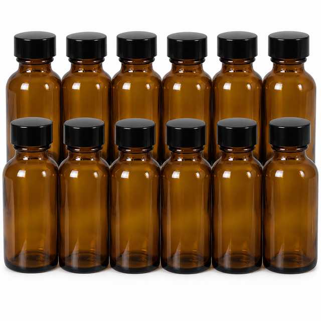 Amber Glass Boston Round Bottles with Caps