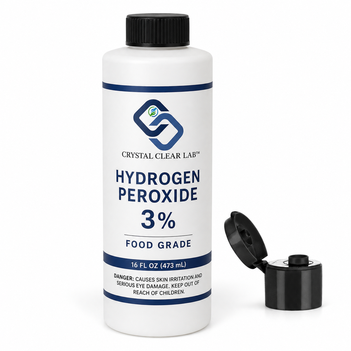 Hydrogen Peroxide 3%, 16 fl oz, white plastic bottle with cap and dispensing closure